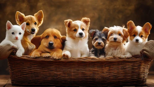 Cozy basket crowd of puppies and kitten share gentle warmth