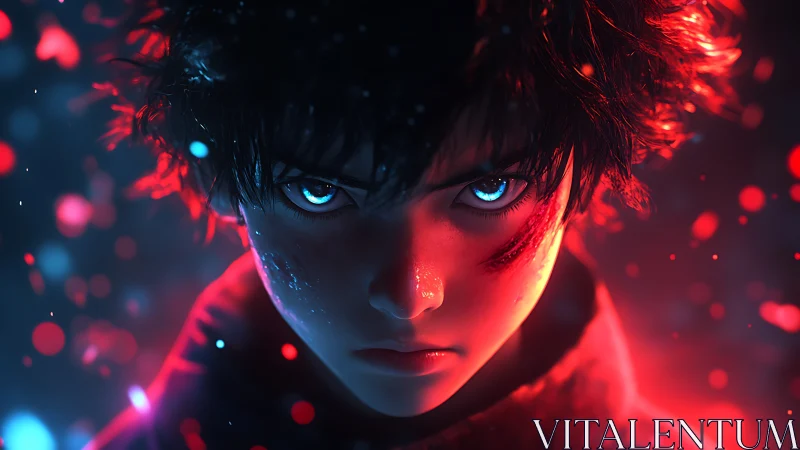High-contrast anime portrait uses bicolor rim lighting and depth haze