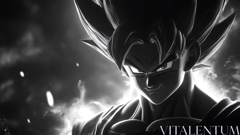 Monochrome anime warrior rendered with dramatic rim lighting