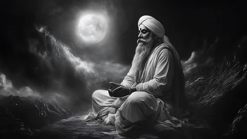 Bearded spiritual figure sits meditating under bright full moon