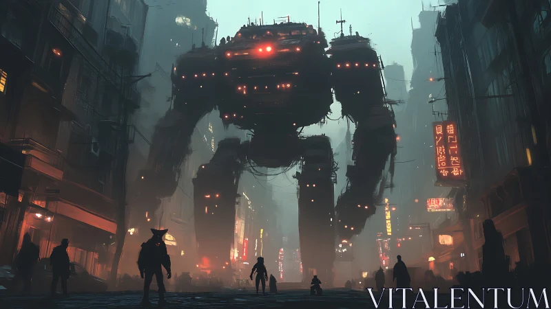 Colossal combat mech dominates neon fog city street.