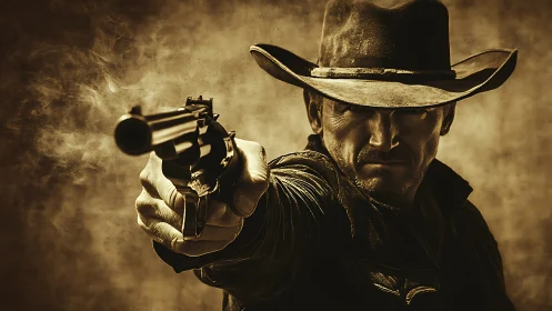 Dusty frontier standoff with a lone, unflinching cowboy.