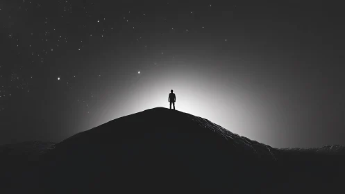 Silhouette of lone figure on ridge under star field at night.