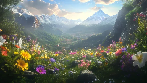 Sunlit alpine meadow opening to a dreamlike mountain valley.
