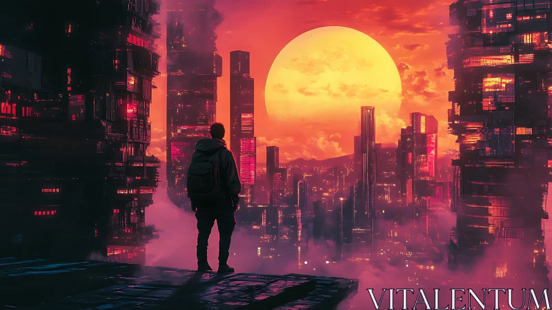 Silhouetted figure overlooks neon city under oversized sun