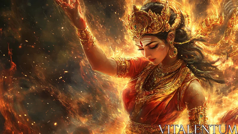 Fire crowned goddess dances within a storm of living embers.