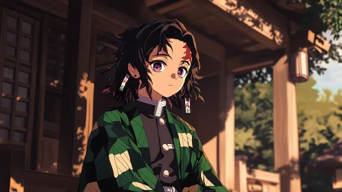 Anime swordsman portrait in sunlit wooden shrine courtyard