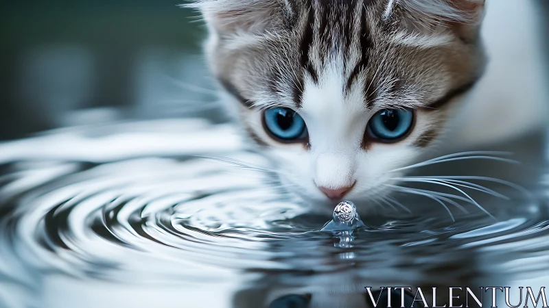 Gray Tabby Kitten with Crystalline Blue Eyes Observes Water Ripple