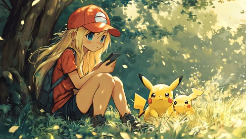 Sunlit forest break with trainer girl and Pikachu friends.