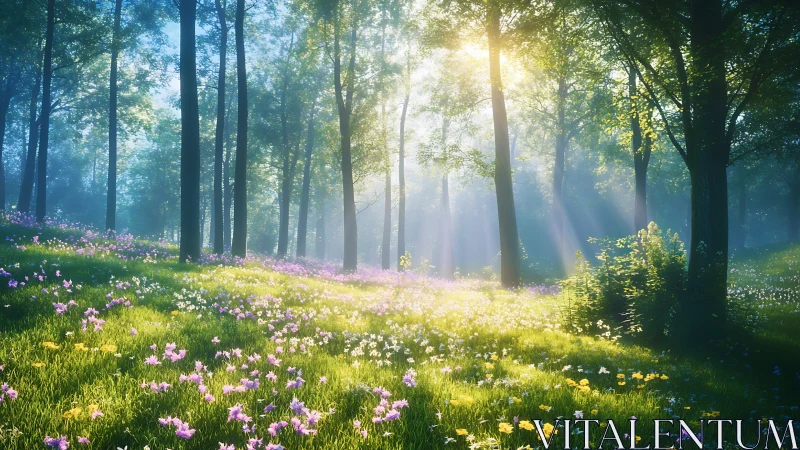 Sunlit Forest Meadow with Blooming Wildflowers and Trees