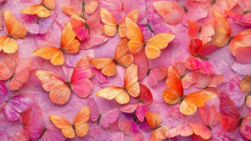 Vibrant orange butterflies swirl over luminous pink field.