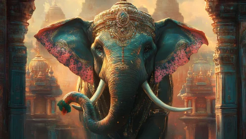Decorated elephant stands between ornate temple columns