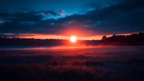 Intense red sunrise over misty field and dark forest line.