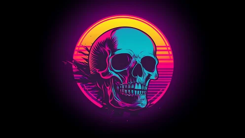 Neon cyan skull before sunset gradient circle emblem.