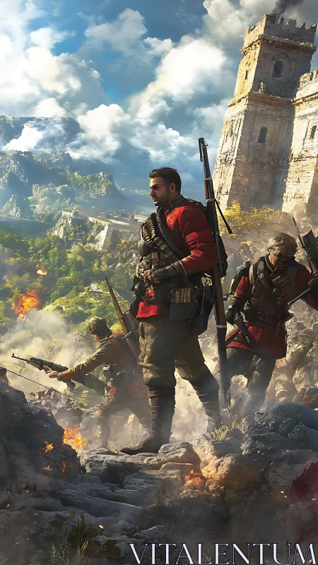 Digital war scene with alpine fortress and infantry detail.