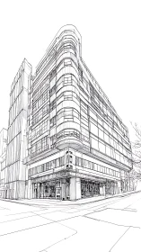 Corner view of modern multi story commercial building line art.