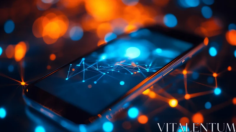 Cyberpunk smartphone network mesh with neon bokeh lighting.