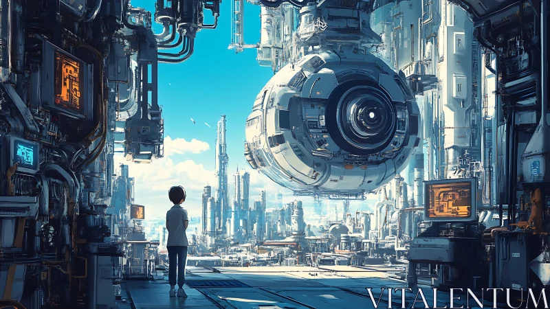 Solitary figure confronting hovering orbital drone in megacity