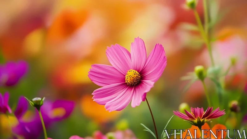 Macro study of pink cosmos flower with shallow focus bokeh field