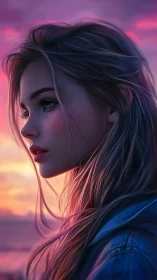 Digital portrait profile of young woman at sunset sky.