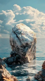 Sunlit sea stack rises beneath billowing coastal clouds.
