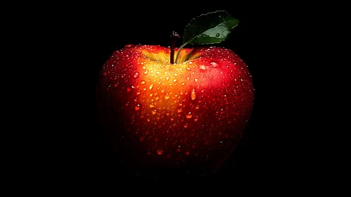 Lustrous red apple with dewdrops on deep black backdrop.
