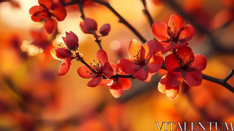 Backlit red blossoms reveal translucent petals in warm bokeh