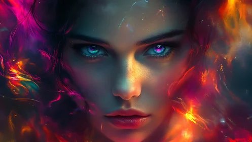 Bioluminescent gaze framed by chromatic fire and digital ether