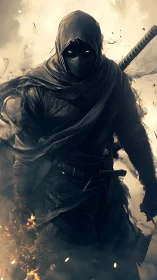 Hooded dark warrior with glowing eyes in swirling smoke.