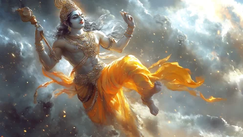 Radiant sky deity glides through glowing storm clouds