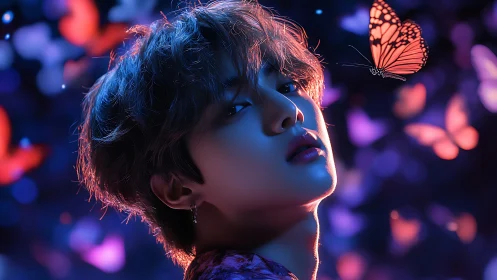 Neon-lit portrait with monarch butterfly and bokeh swarm glow