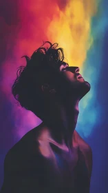 Silhouetted man basks in radiant multicolor neon glow.