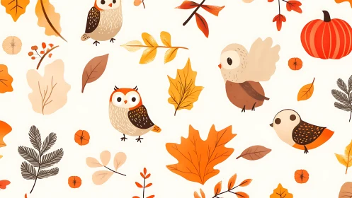 Cute Autumn Birds and Leaves Seamless Pattern in Cartoon Style.