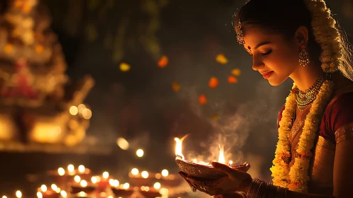 Woman holding festive oil lamp in warm candlelit celebration.