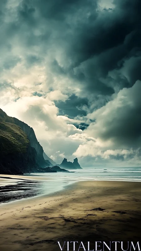 Photorealistic coastal seascape under dramatic storm clouds.
