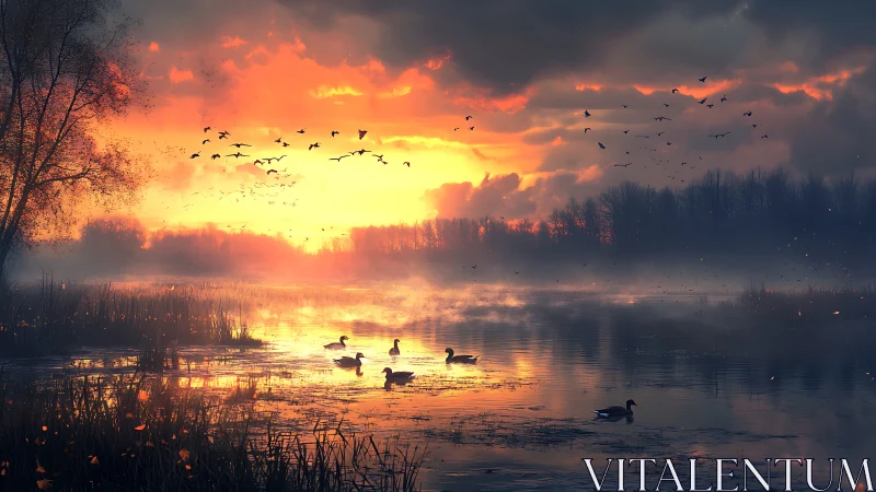 Dramatic sunset over misty lake with silhouetted waterfowl