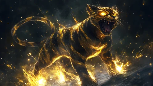 Volcanic inferno feline with molten fur and blazing eyes