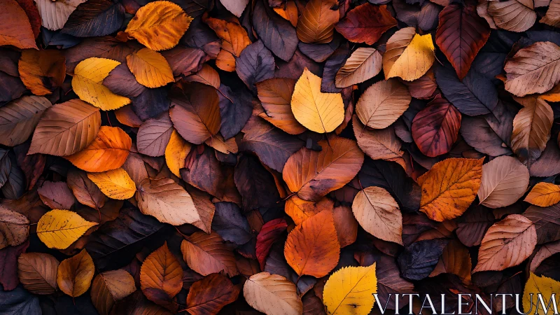 Cozy carpet of autumn leaves in rich gold, amber, and russet tones.