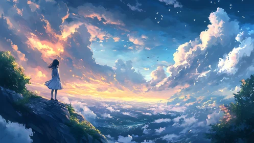 Solitary figure observing a vast, luminous cloudscape horizon