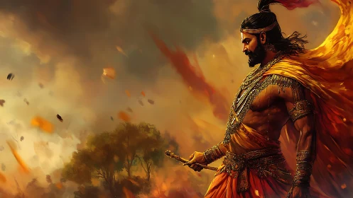 Warrior prince strides through burning battlefield sky