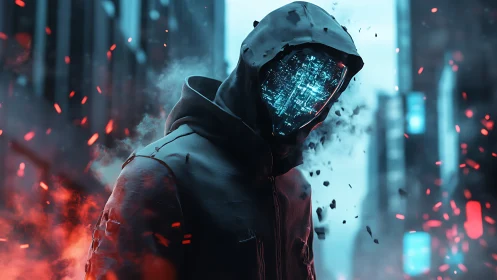 Cybernetic hooded entity in neon urban inferno environment.