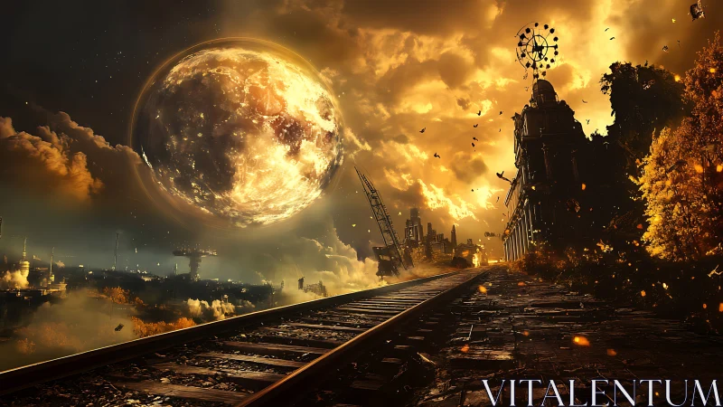 Glowing planetary sphere over dystopian rail line at sunset