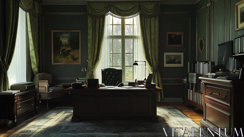 Photorealistic classic executive office with central window focus.