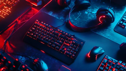 RGB gaming keyboard glows under neon red blue lighting.