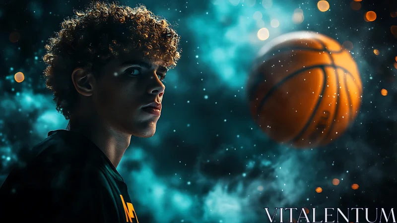 Focused young player watches suspended basketball in neon haze