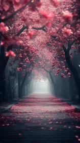 Misty cherry blossom avenue with cinematic depth of field.
