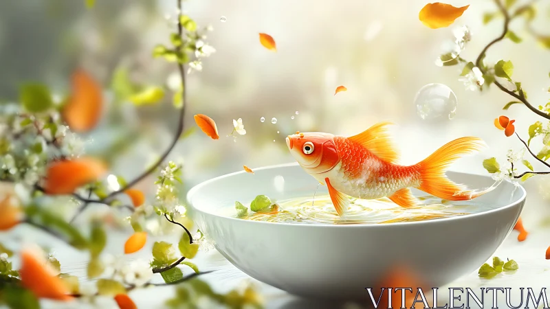 Goldfish in white bowl amid scattered petals and foliage.