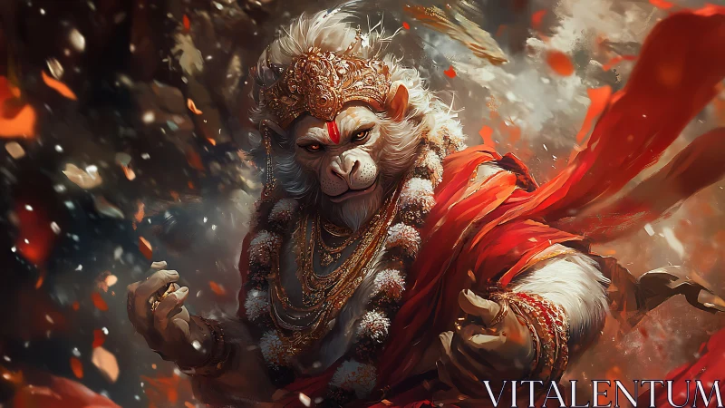 Mythic warrior monkey deity in ornate crimson regalia.