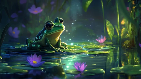 Enchanted frog rests on glowing lily pads at dusk.