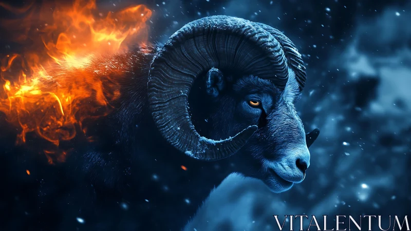 Fiery horned ram against icy blue night background.